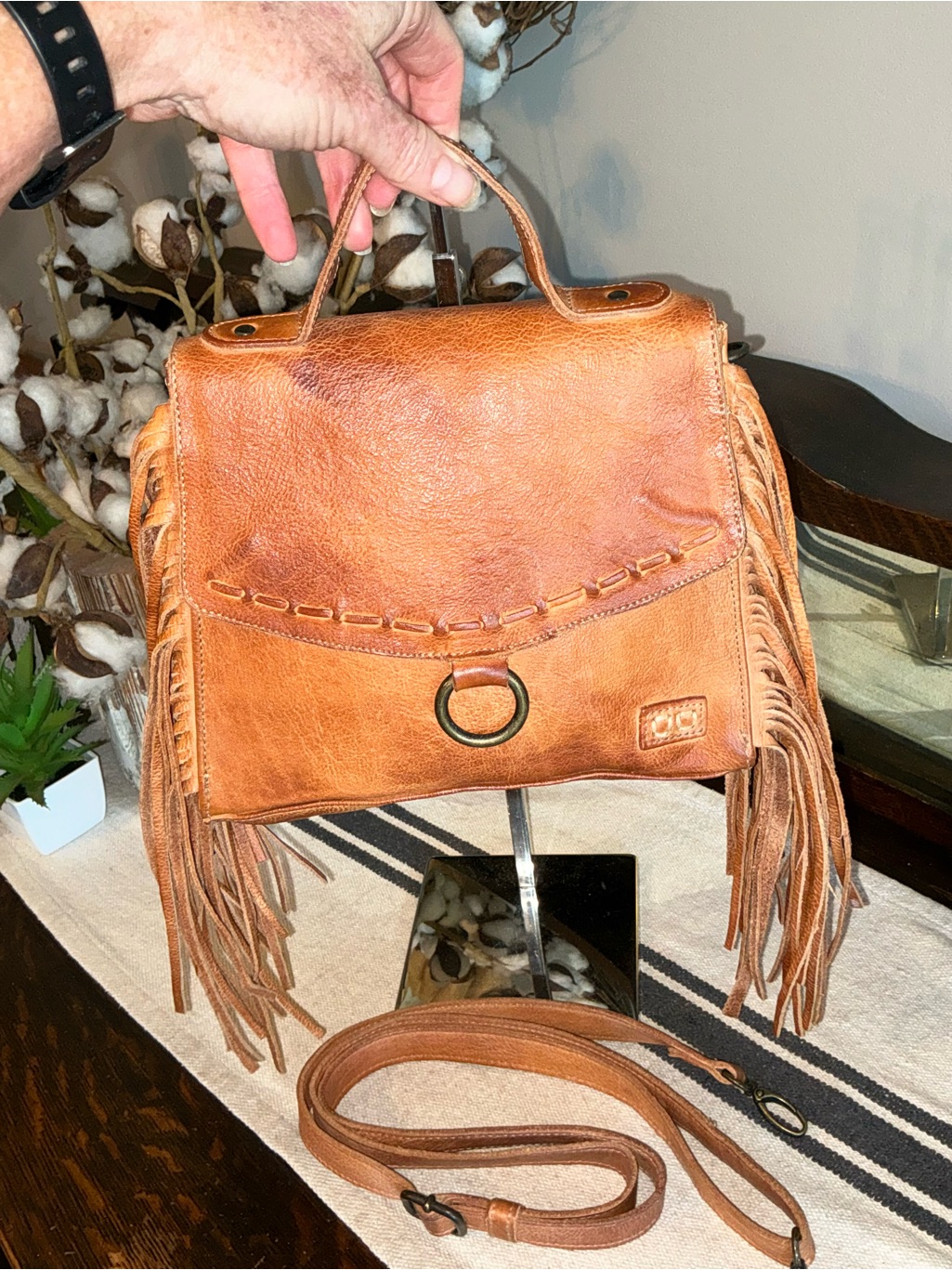 Nwot Bed Stu Fringe Leather Hidden Crossbody Bag Handbag Tan Dd Msrp $245 — image 5 of 8